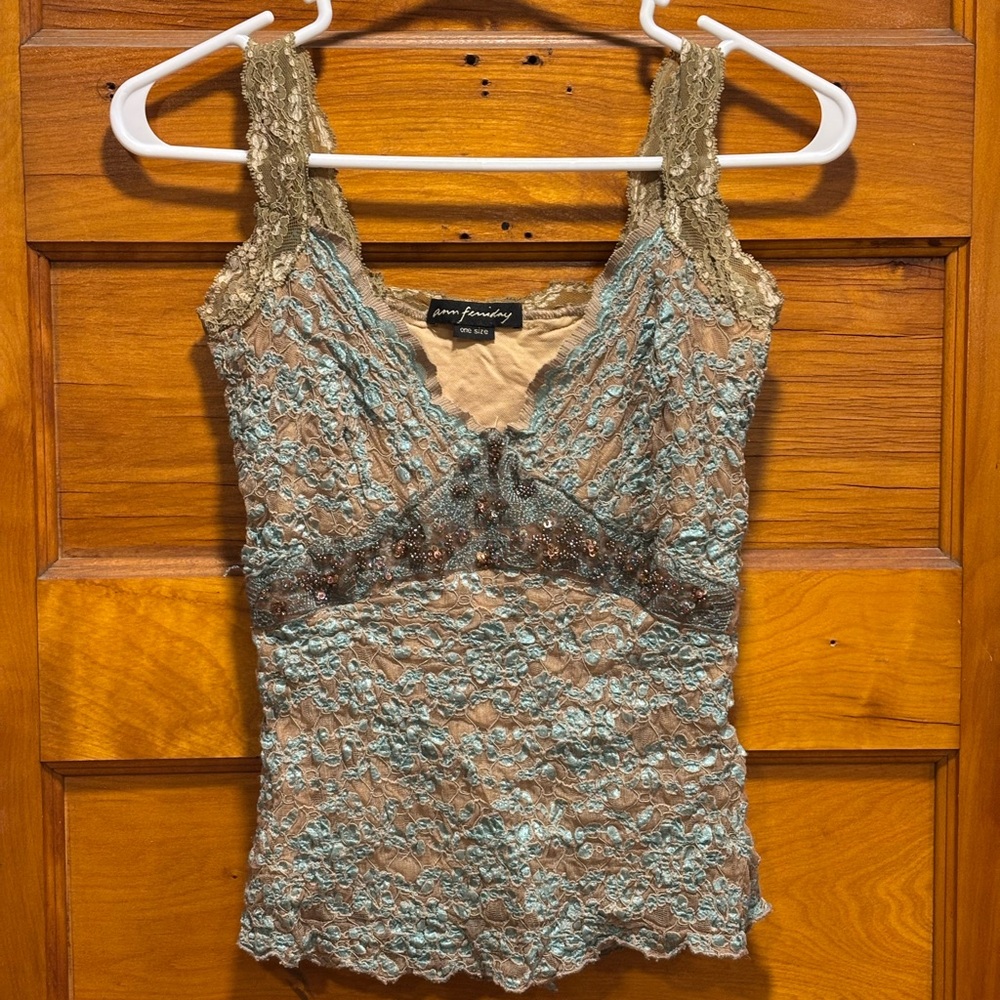 Ann Ferriday Lace Camisole in Tan and Light Blue